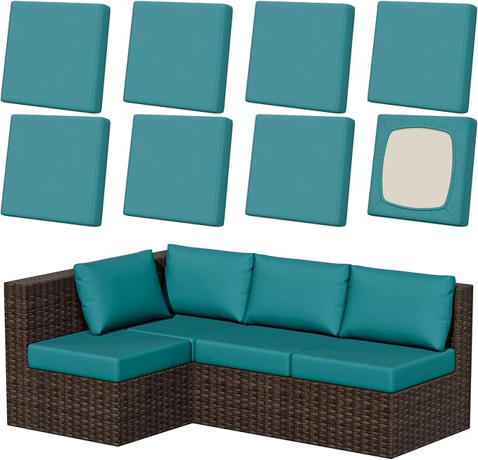 8Pcs Patio Stretch Cushion Covers, Outdoor Couch & Sofa Replacement Slipcovers for Patio Furniture Cushion Covers, Washable Reusable Furniture Protector, Square Large, Petrol Blue