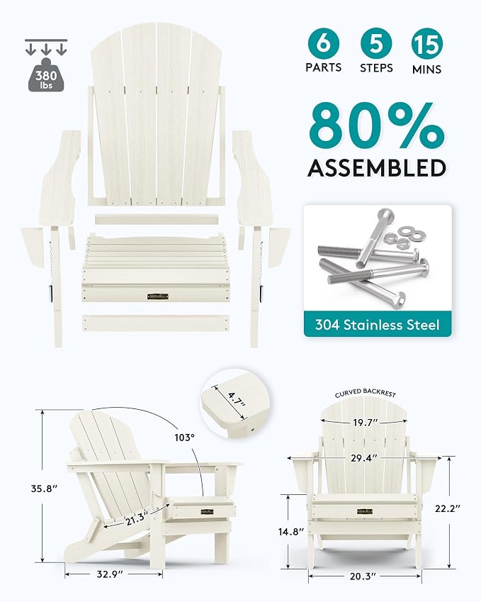SERWALL Adirondack Chair - Folding Adirondack Chairs Hips Outdoor Chairs Set of 6 Weather Resistant- White