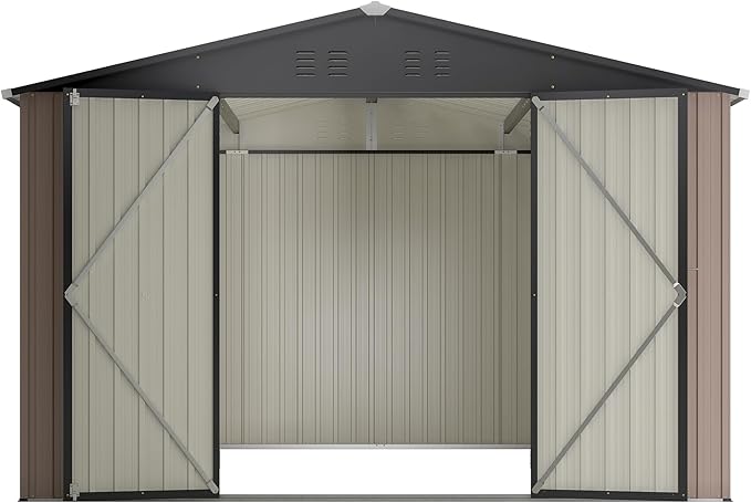 YOPTO 10 x 10 FT Outdoor Storage Shed,Heavy Duty Tool Sheds Metal Storage Garden Shed with Sloped Roof and Lockable Doors,Large Metal Storage Sheds for Backyard Patio Lawn, Brow