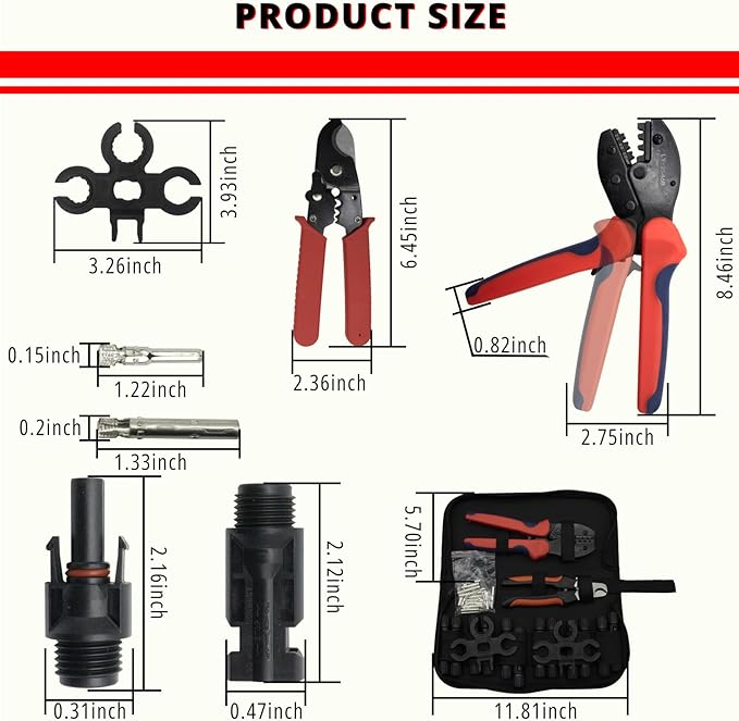 Solar Crimping Tool Kit, c/w 12 Pairs Solar Connectors, 2 PCS Spanner Wrenches，1 PCS Iron Wire Cable Cutter，Solar Connector Crimper