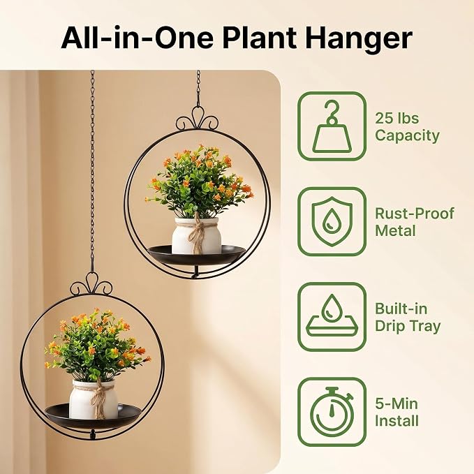 Hanging Planters for Indoor Plants, 2 Pack Metal Wall Ceiling Window Plant Hangers Kit with Trays and Chains for Succulents Pothos Herbs Balcony Patio Living Room