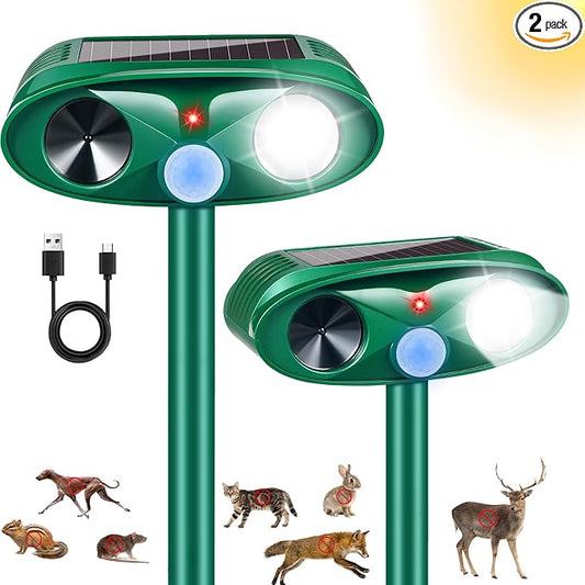 2 Pack Sonic Fortress Pro Deer Repellent Solar Ultrasonic Animal Repellent Outdoor Cat Deterrent with Motion Sensor Strobe Light for Rabbit Raccoon IP65 Waterproof Squirrel Repellent for Yard Garden