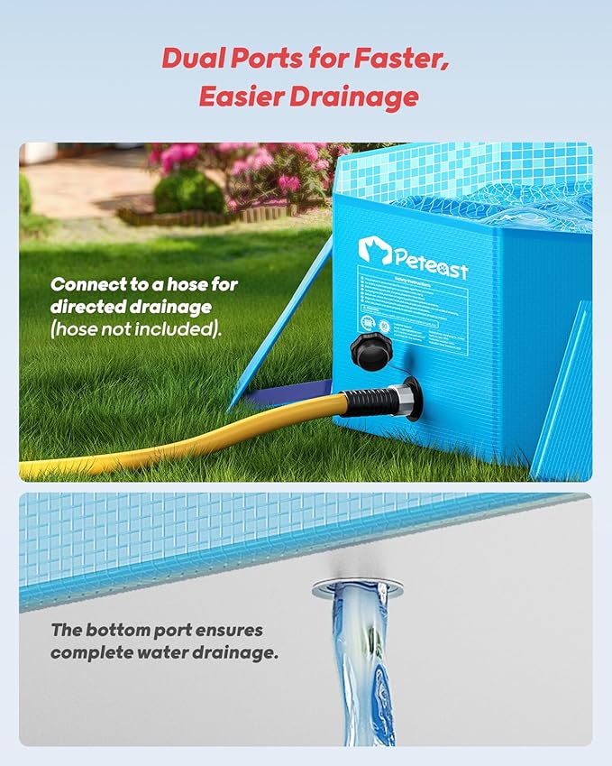 Peteast Foldable Dog Kiddie Pool with Stable Side Support, Hard Plastic Shell Portable Dog Pool, Collapsible Swimming Pools for Pet and Kids, 64 in