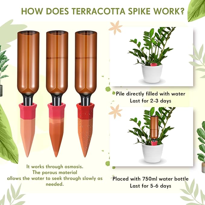 Baderke 24 Pcs 12 Set Plant Watering Devices, Terracotta Watering Spikes with 25 oz Plastic Wine Bottles, Slow Release Vacation Insert Automatic Plant Waterer Devices for Indoor Outdoor