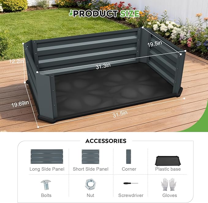 2 Pcs Galvanized Raised Garden Bed with Bottom, Indoor Metal Raised Garden Beds, Easy Assembly No leaks & Rust-Proof Flower Bed, Outdoor Planter Box for Vegetables, Herbs, Patio, Balcony, Grey
