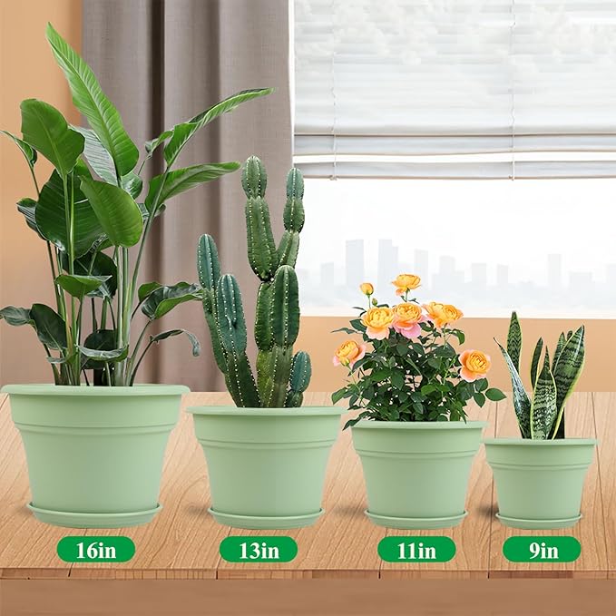 Pottiffe 11 Inch Plastic-Flower-Pot-for-Indoor-Plants, 4 Pack Large Outdoor Planter Pot with Drainage Holes & Saucers, Resin Decorative Garden Pots Planters