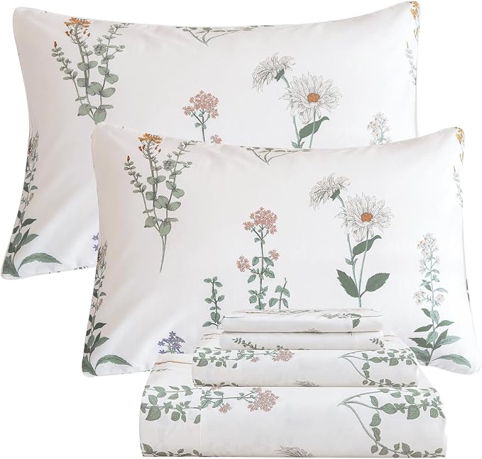 QSH Floral Queen Size Sheet Sets - 100% Egyptian Cotton Sheets Elegant Flower Pattern Printed Bedding Sheets Queen Size Bed Extra Soft and Breathable 4pcs Deep Pockets Bed Sheets