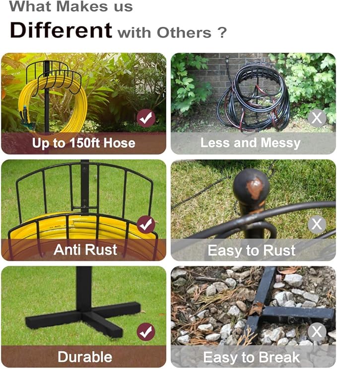 Artigarden Freestanding Garden Hose Holder Hanger, Outdoor Heavy Duty Metal Water Hose Storage Holders Stand Organizer Rack Detachable Stake, Holds 150 Ft of Hoses for Outside Lawn Yard, Black