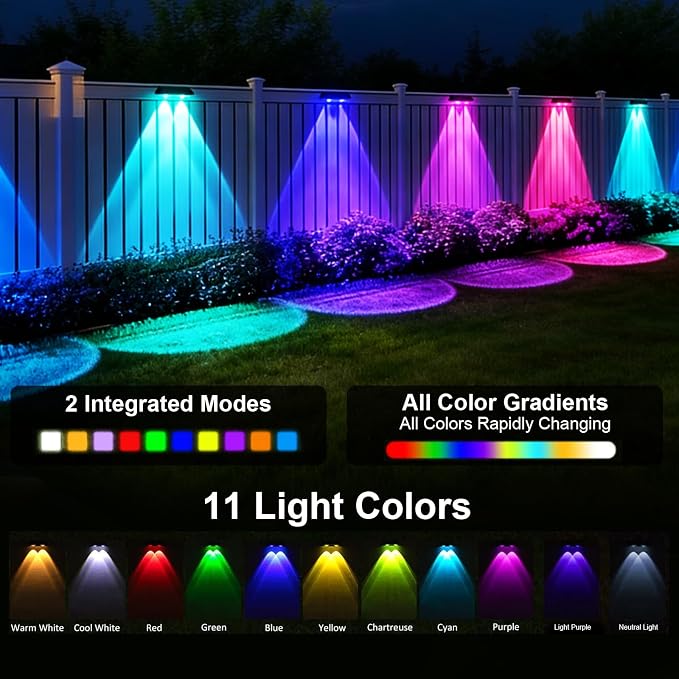 Solar Fence Lights Outdoor 11 Colors & 2 Changing Modes, 6 Pack Fence Lights Solar Powered Waterproof IP65, LED Deck Lighting 20 Hours of Runtime for Garden, Patio, Deck, Pool, Wall