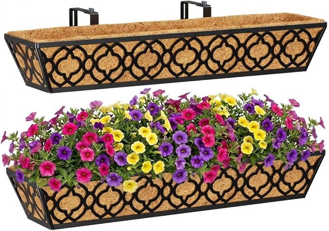 Y&M 30'' Large Window Box Railing Planter with Coco Liner, Outdoor Window Flower Boxes Over The Railing Planter Boxes Deck Fence Porch Patio Planter-2 Pack