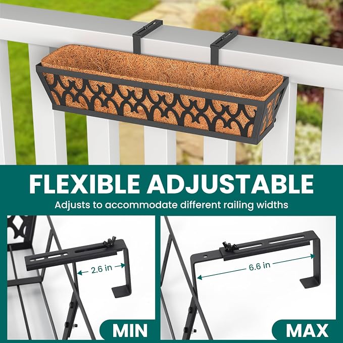 4 Pack Window Box Railing, 24IN Black Metal Hanging Flower Planter Basket with Coco Liner for Outdoor Balcony Porch Fence Patio for Home, Office and Hotel (Black)