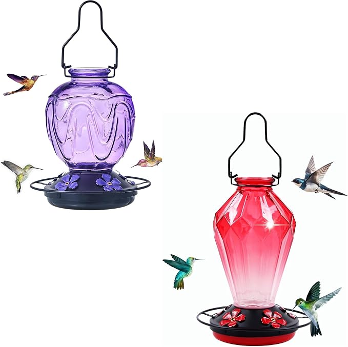 Glass Hummingbird Feeders for Outdoor Hanging, 25 OZ Red and 24 OZ Purple