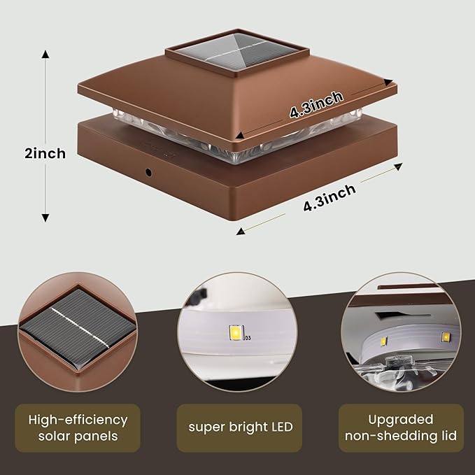 Solar Post Cap Lights Outdoor 8pack, Brown Waterproof Solar Powered Deck Fence Post Lights Fit 4x4 Wood/Vinyl Posts, Bright Warm White Solar Post Lights Decorate Deck, Patio, Porch, Fence
