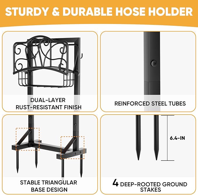 Heavy-Duty Garden Hose Holder with Storage Basket and Tool Hooks, XEAPOMS Stable Hose Hanger Metal Garden Hose Storage Holds 160Ft, Rustproof Freestanding Water Hose Holder for Outside,Yard,Lawn,Farm
