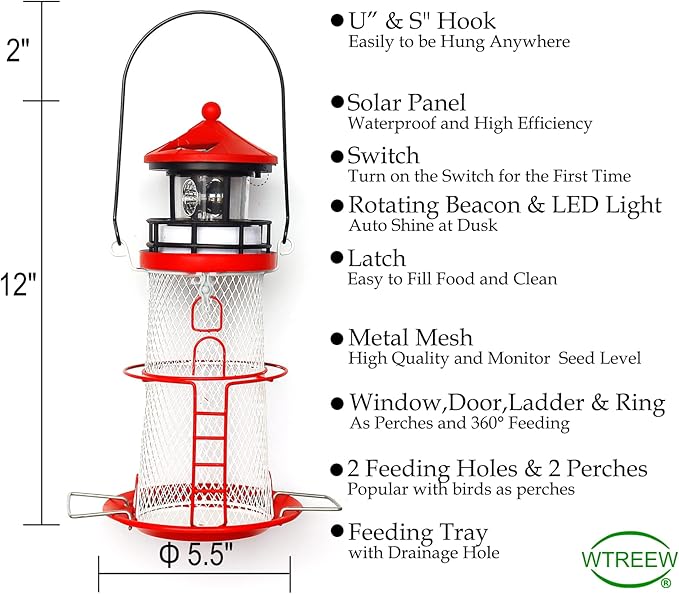 Solar Lighthouse Bird Feeder with Rotating Beacon - 14" Hanging Best Birdfeeder Gifts for Bird Lovers(Apple Red).