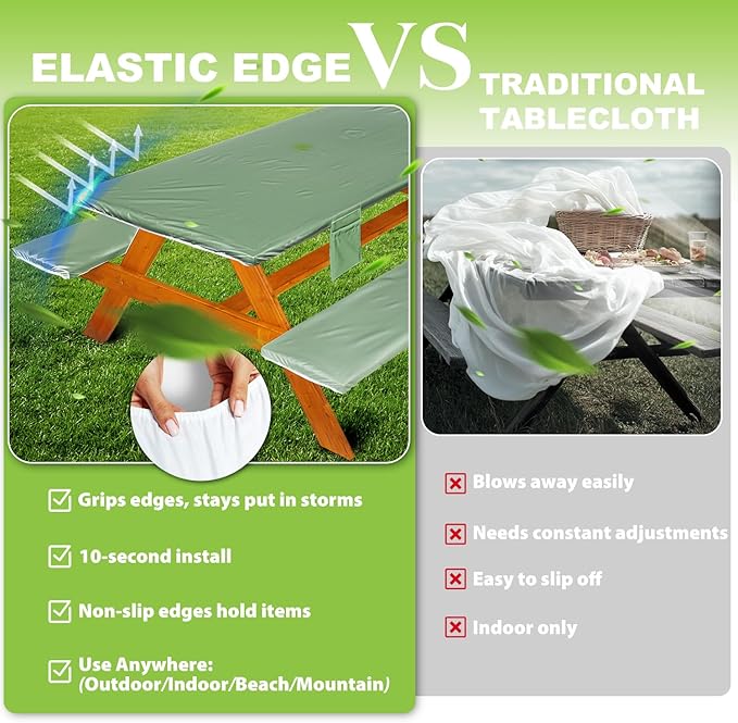 Picnic Table Cover with Bench Covers Vinyl Elastic Edges Fitted Rectangle Seat Tables Waterproof 3-Piece96X30in Set Outdoor Rectangular Folding Backing Tablecloth for Camping Over Size