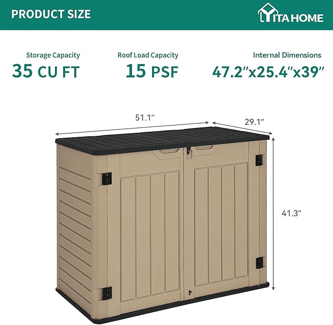 YITAHOME Outdoor Horizontal Storage Sheds w/o Shelf, 35 Cu Ft Lockable Resin Waterproof Shed, Ideal for Garden Tools, Easy to Assemble, Brown
