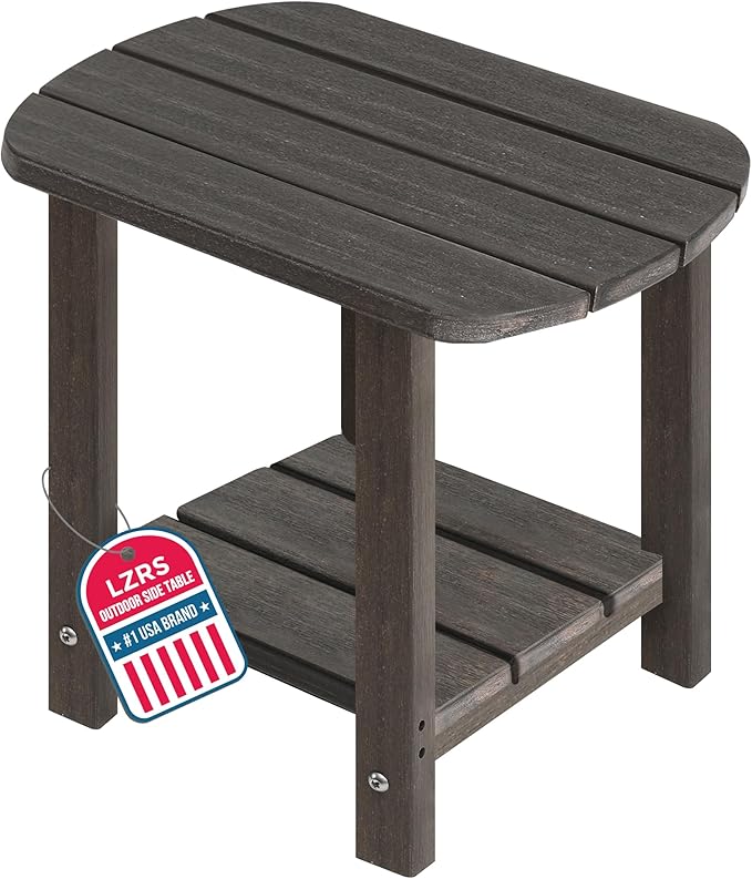 LZRS 2-Tier Patio Side Table, Heavy Duty HDPE Outdoor End Table with Wood Texture, Weatherproof Composite Table for Adirondack Chairs, Deck, Pool, Indoor/Outdoor, No Peeling Cracking(Brown Mixture)