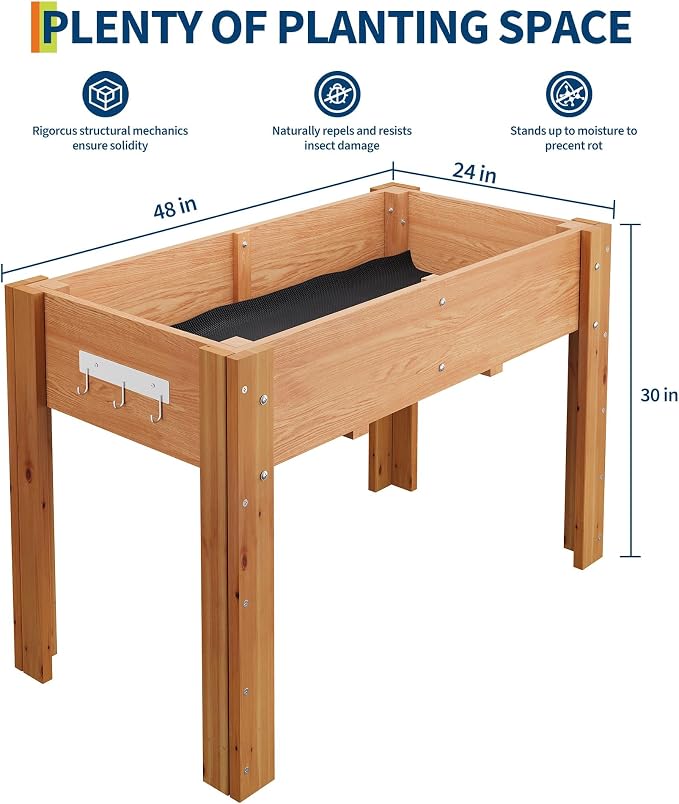 48x24x30IN Wooden Raised Garden Bed with Legs, Elevated Reinforced Large Planter Box for Vegetable Flower Herb Outdoor, Standing Growing Bed forGardening/Backyard/Patio/Balcony, Liner Included
