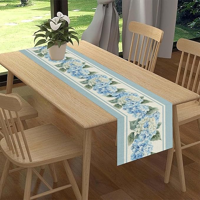Blue Hydrangea Table Runner, Rustic Country Watercolor Floral Spring Summer Seasonal Flower Butterfly Farmhouse Table Center Decor for Family Kitchen and Dining Party Table Decorations, 13"x90"
