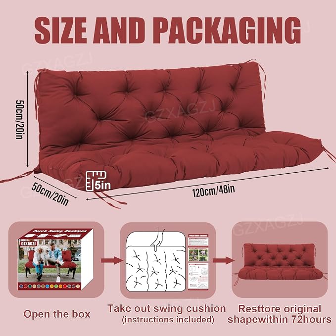 Porch Swing Cushions Outdoor 48 inch Waterproof Swing Cushion 3 Seater Replacement with Backrest and Ties Thicken 5" Bench Swing Cushions for Outdoor Furniture Patio(Wine Red48x40x5inch)