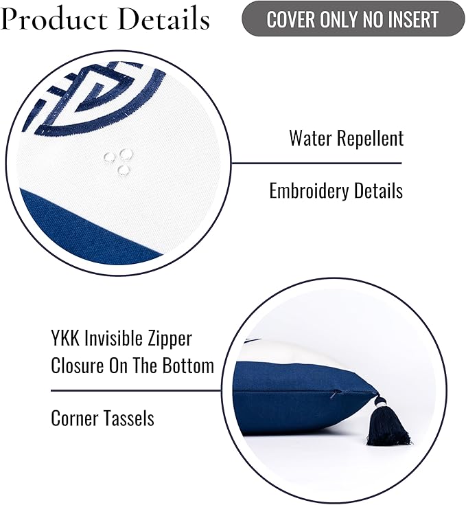 Hofdeco Premium Coastal Hampton Patio Indoor Outdoor Lumbar Pillow Cover Only, 12"x20" Water Repellent for Backyard, Couch, Poolside, Navy Blue Embroidered Double Happiness Symbol