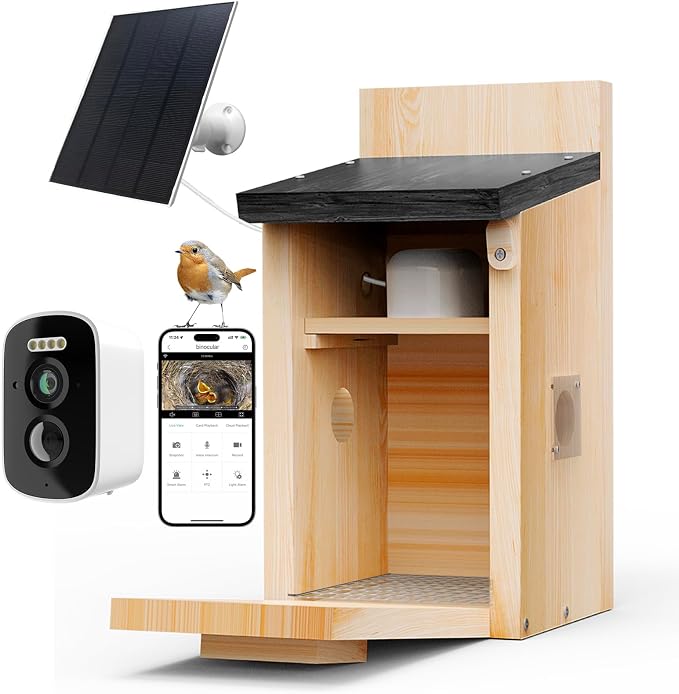 Solar Bird House with Camera, 1080P HD Wooden Smart Birdnest Solar Powered, Watch Birds Nesting & Hatching in Real Time, AI Identify Bird Behavior & Create Bird Story, Weatherproof Birdhouse