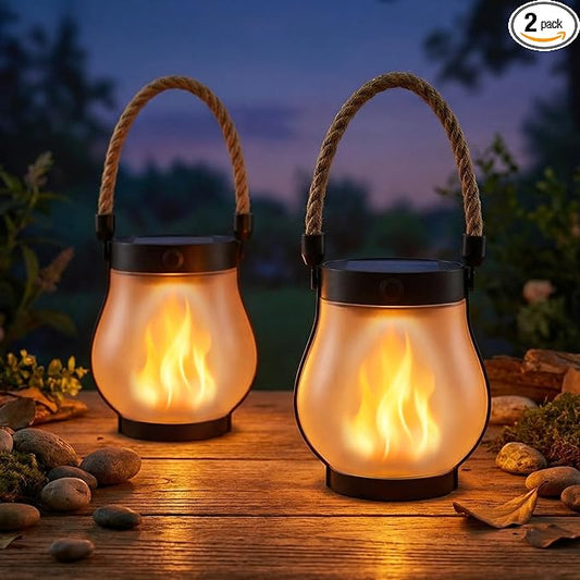 Solar Lanterns Outdoor Waterproof 2 Pack, Outdoor Solar Lanterns with Flickering Flame Effect, USB-C & Solar Charging, Auto Dusk to Dawn, Hanging Light for Garden Patio Yard