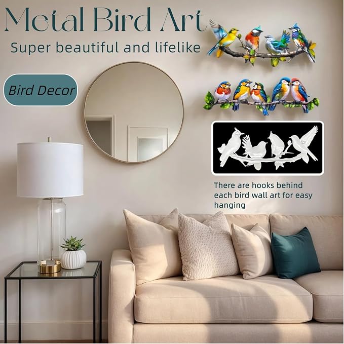 Meduofon Metal Birds Outdoor Wall Art Decor, Vivid Bird on Branch Hanging Leaves Metal Hummingbird Decor Suitable for Porch Fence Garden Outdoor Indoor Wall Decorations (2 Pack Birds Colorful)