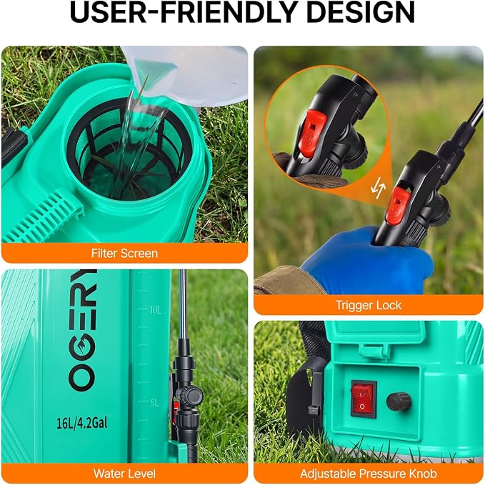 OGERY Battery Powered Backpack Sprayer 4 Gallon, 2.6Ah 21V Battery Electric Pump Sprayer with 6 Nozzles, Telescopic Stainless Steel + Plastic Wand for Lawn Garden Weed Yard Cleaning (Charger Included)