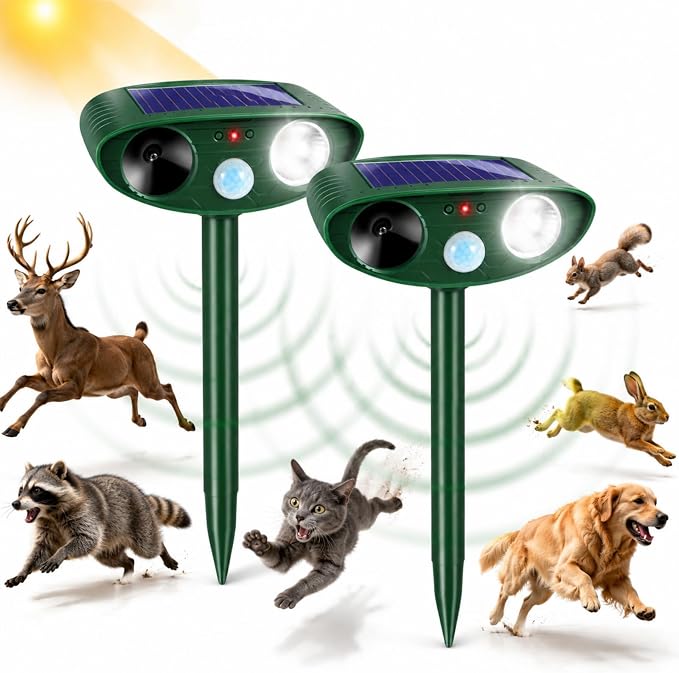 2 Pack Upgraded Sonic Deer Repellent Devices,Solar Ultrasonic Animal Repeller Outdoor for Racoons,Squirrels,Cats,Rabbits &Foxes,Waterproof Flashing Light Motion Sensor Animal Deterrent for Garden Yard