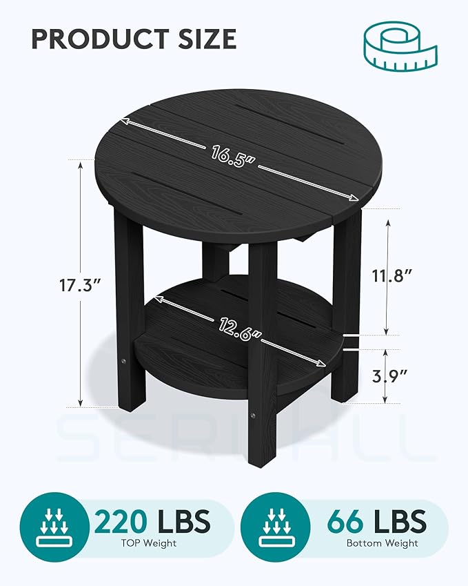 SERWALL Round Outdoor Side Table, HDPE Small Adirondack End Table,2-Tier Patio Side Table for Backyard Pool Porch Garden Lawn, Black