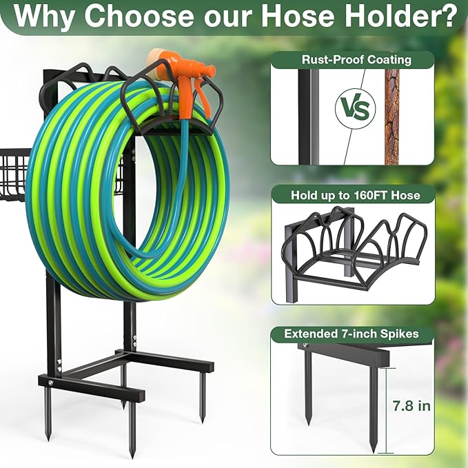 Qatsrin Upgraded Garden Hose Holder with Large Basket, Heavy Duty Water Hose Holder Supports 160-ft Hoses, Freestanding Detachable Hose Stand Storage Reel Hanger Rack for Yard Lawn Farm