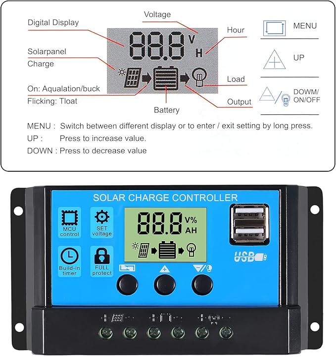 ACEIRMC 2pcs 30A Solar Charge Controller 12V/ 24V Solar Panel Charge Controller Intelligent Regulator with 5V Dual USB Port Display Adjustable Parameter LCD Display and Timer Setting ON/Off Hours