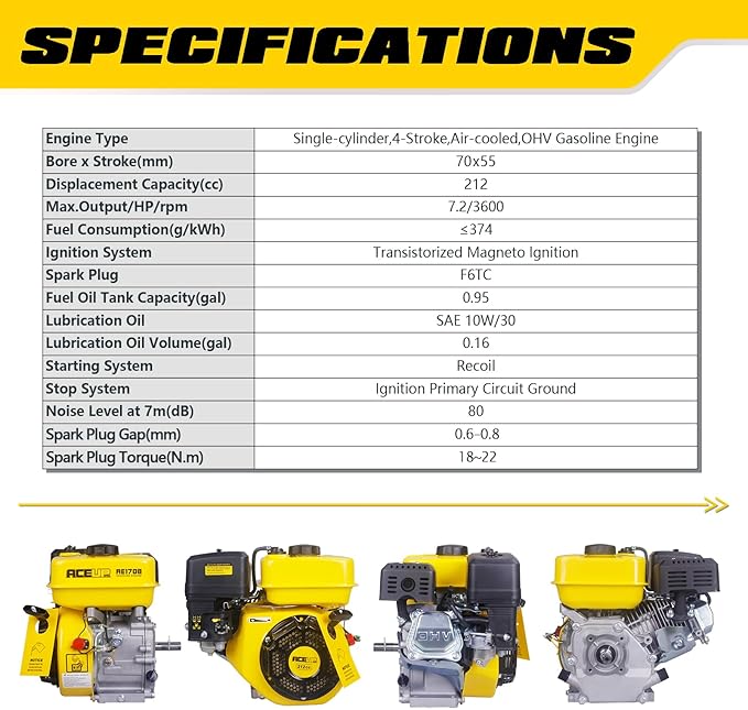 Aceup Energy 7HP 212cc Gas Engine Horizontal Shaft, 4 Stroke OHV Gas Motor, Shaft 3/4" (19mm) Diameter Recoil Start