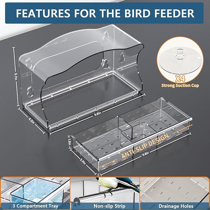 Window Bird Feeder Viewing Box - 10x6 Inches Clear Bird Feeder for Window with 4 Strong Suction Cups, 3 Compartment Trays, Birdfeeders Outside Hanging for Cardinal, Robin, Blue Jay