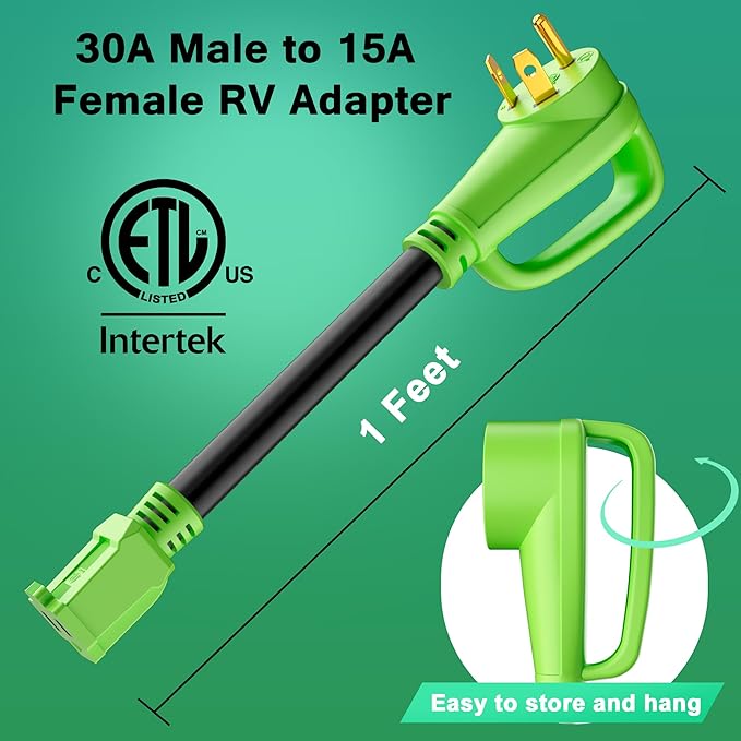 RV Adapter Plug 30 Amp to 15 Amp Cord, NEMA TT-30P Male to 5-15R Female, 30M/15F，STW, 10AWG, Heavy Duty Electrical Power Cord, 125 Volts, 1875 Watts, 1FT, Green