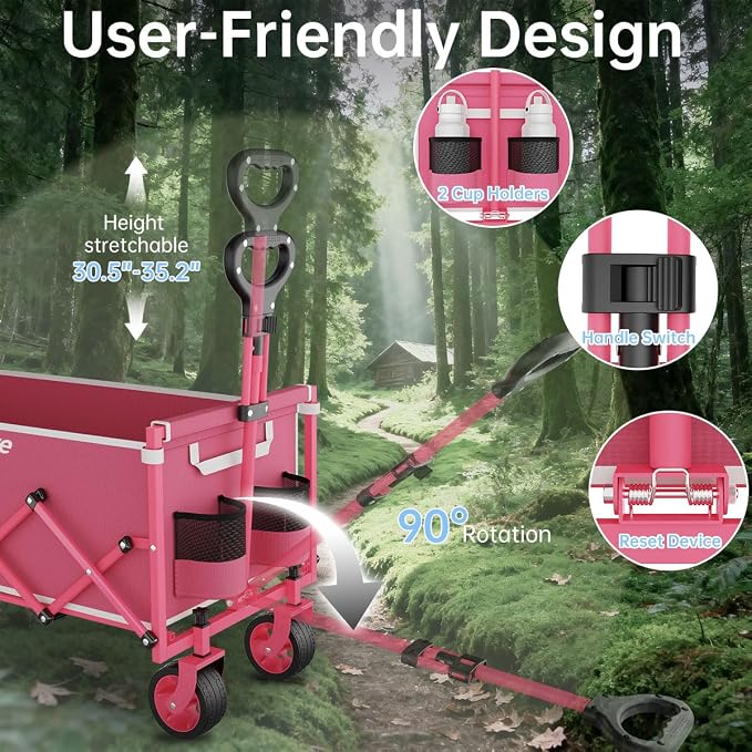 Extra Long Collapsible Wagon Cart, 480LBS Heavy Duty Utility Wagons with All-Terrain Wheels, Foldable Grocery Carts for Gardening, Shopping, Beach, Camping, Rose Pink