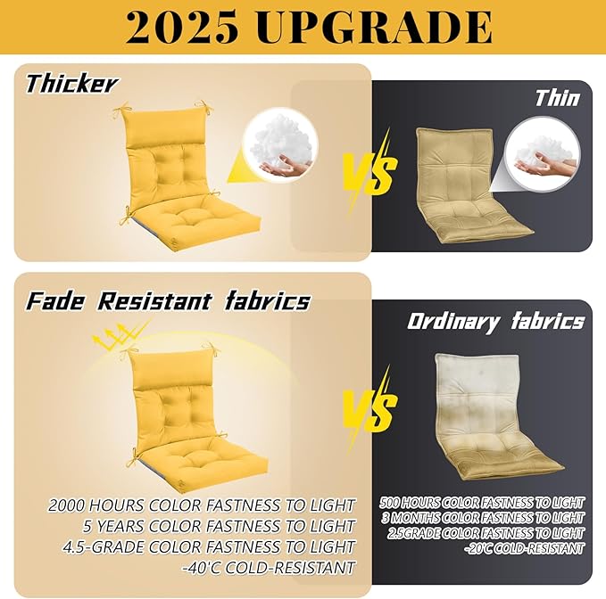 Sintuff 2 Pcs 44 x 21 x 4 Patio Chair Cushions Outdoor Chair Cushion Seat/Back Tufted Pillow with Ties Water Resistant Replacement Indoor Patio Furniture Outdoor Furniture (Solid Color,Yellow)