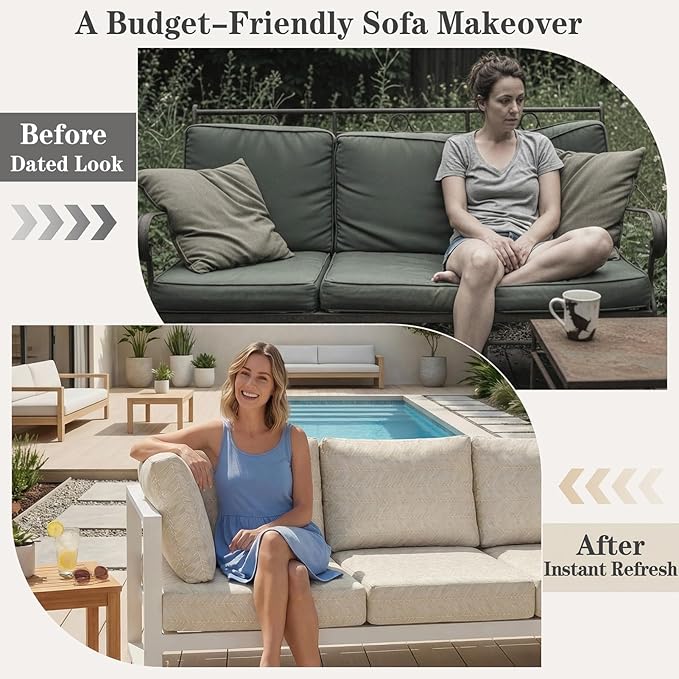 8 Pack Outdoor Cushion Covers Water Resistant High Stretch Fit Patio Cushion Covers 180g Couch Seat Slipcovers Machine Washable Pet & Kids Friendly Home Refresh 20-27 Inch, Beige