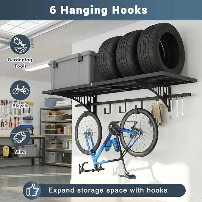 Zonon 2 Pack 1.67 x 4 ft Heavy Duty Garage Wall Shelving with 12 Hooks, 700 Lbs Load Capacity, Wall-mounted Garage Storage Shelving and Organization for Sheds, Closets, or Utility Rooms