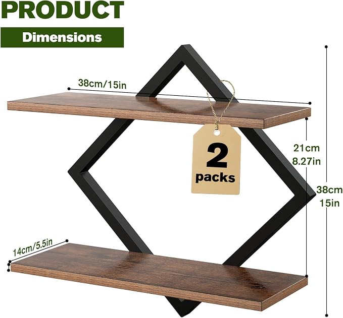 2 Pack Floating Wall Shelves Plant Holders, Brown | For Indoor Plants, Wall Mounted Plant Stand, For Small Plants, Multi-Room Use