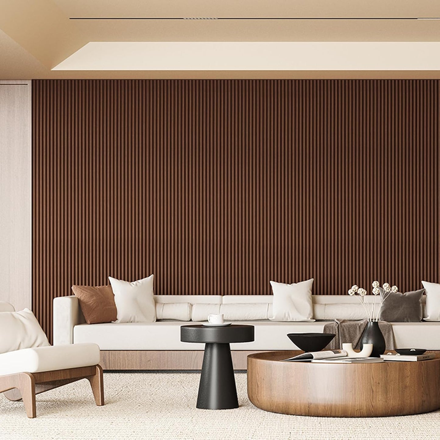 Art3d Fluted Wood Panel for Wall and Ceiling, Beaded Accent molding for Home Decoration, Pack of 4pcs + 1pc End-Trim, Size 108 x 5.7in.- Beaded Walnut