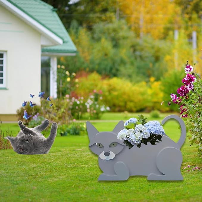 British Short Cat Planter, Cute Animal Shaped Plant Pot, Cat Flower Pot, Gifts for Women & Pet Lovers, Indoor Outdoor Garden Home Office Decor, 12.5 x 5.12 x 7.8Inches