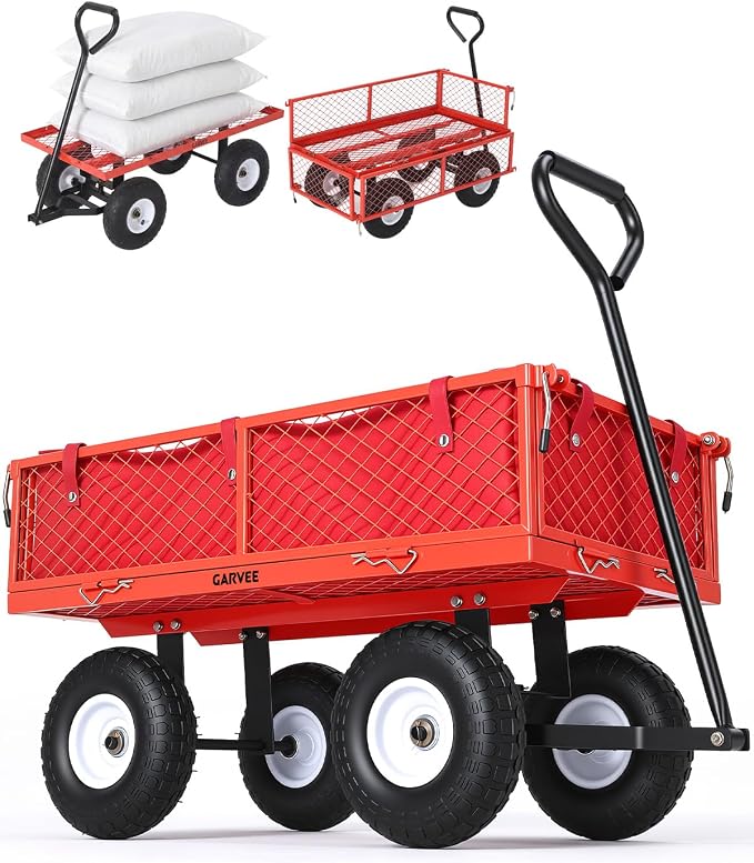 Garvee Versatile Outdoor Utility Cart-400LBS Heavy-Duty, 10" All-Terrain Pneumatic Tires, Easy Maneuverable Lawn Cart with Removable Mesh Panels for Gardening&Landscaping, Red, with Waterproof Liner