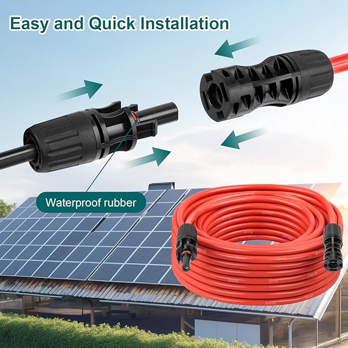 Solar Panel Extension Cable - 8AWG 100FT Solar Wire with Female & Male Waterproof Connector PV Wire for RV, Photovoltaic Systems, Home, Boat, Solar Panels, Car(100 Feet Red + 100 Feet Black)