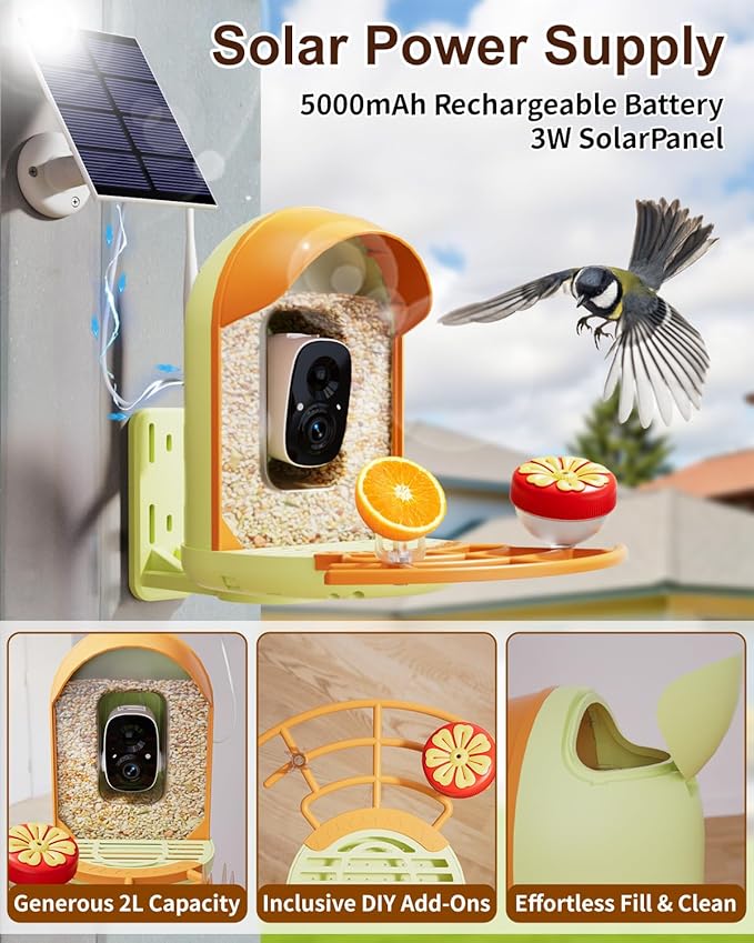 Bird Feeder with Camera, 2K HD Camera Birds Feeder with AI Recognition, Solar Powered Birdfeeder Cam with Night Vision, IP65 Outdoor Backyard Birds Watching, Gift for Bird Lovers – Light Green