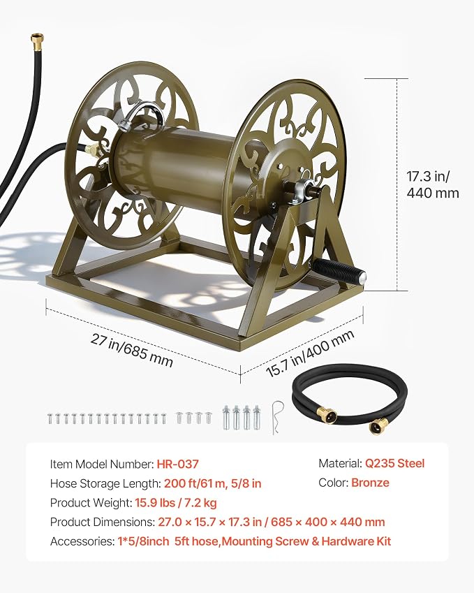 VEVOR Wall Mounted Garden Hose Reel, Holds 200 Feet of 5/8-inch Hose, Outdoor Heavy-Duty Waterhose Holder Winder, with Brass Connector, Decorative Pattern, Bronze Finish, for Backyards and Gardens