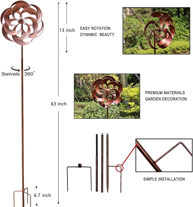 Metal Wind Spinner Willow Leaves for Patio Lawn Outdoor Yard Lawn Garden | 360 Degrees, Swivel Classical Design, 63x13 inches