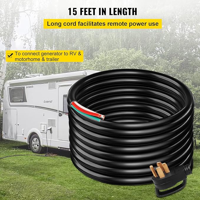 VEVOR 15-Foot 50 Amp Heavy Duty Generator Extension Cord, 6/3+8/1 Gauge STW, 125V/250V 4-Wire NEMA 14-50P to SS2-50R, 12500W Power Cord with Handle for RV, EV, Transfer Switch